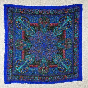 Ladies Scarf. Blue, Red, Turquoise Print, Measures 30" x 30"